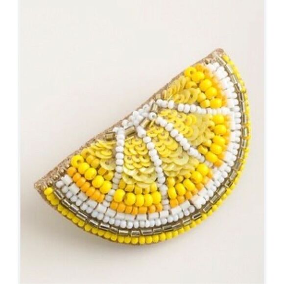 Chico’s Beaded Embroidered Yellow Cut Half Lemon Lime Pin Brooch - Picture 1 of 5